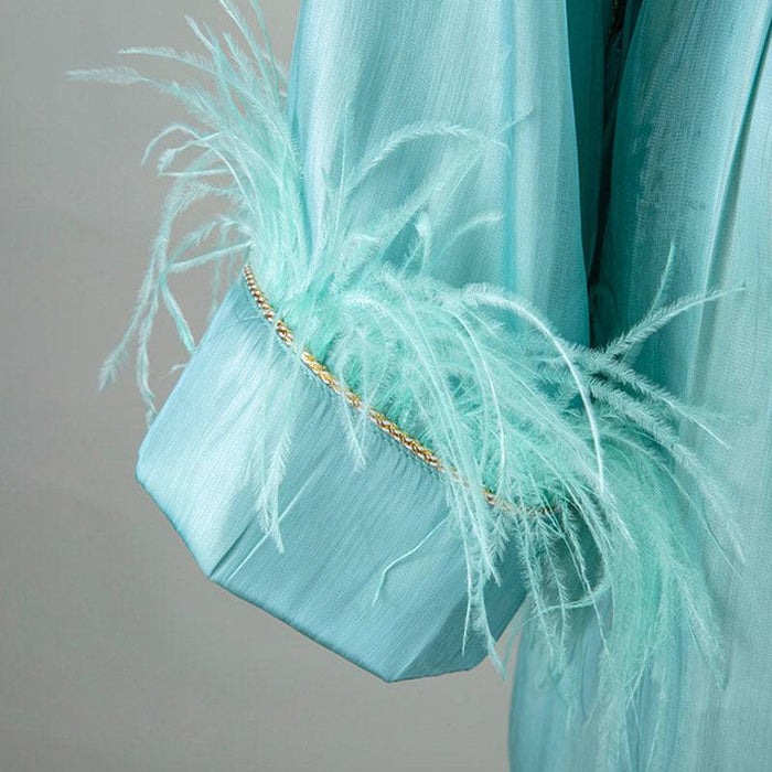 Metallic Feather Sleeve Short Robe - BEYAZURA.COM