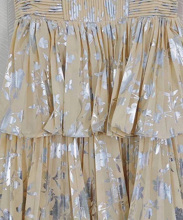 Metallic Print Layered Chiffon Midi Dress In Yellow - BEYAZURA.COM