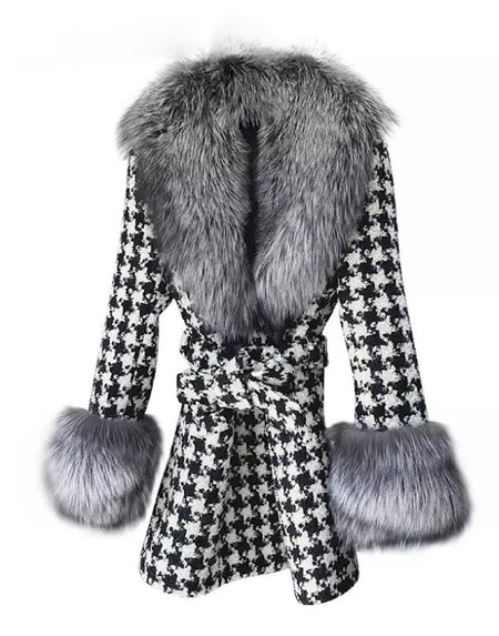 Midi Length Houndstooth Black Fox Fur Trim Belted Wool Jacket - BEYAZURA.COM