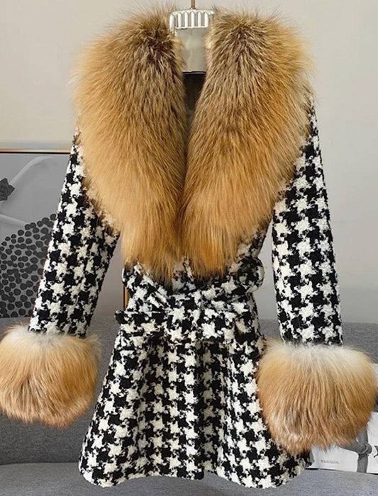 Midi Length Houndstooth Red Fox Fur Trim Belted Wool Jacket - BEYAZURA.COM