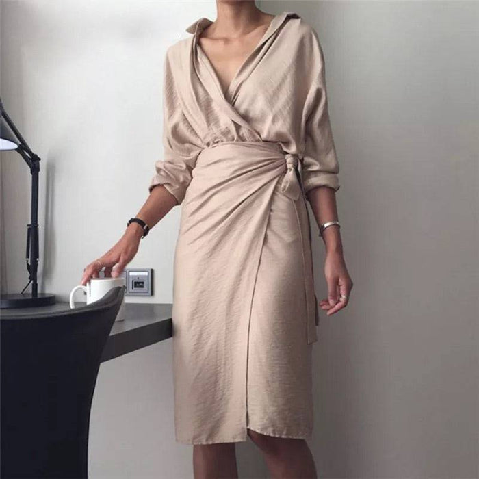 Midi Low Neck Wrap Dress - BEYAZURA.COM