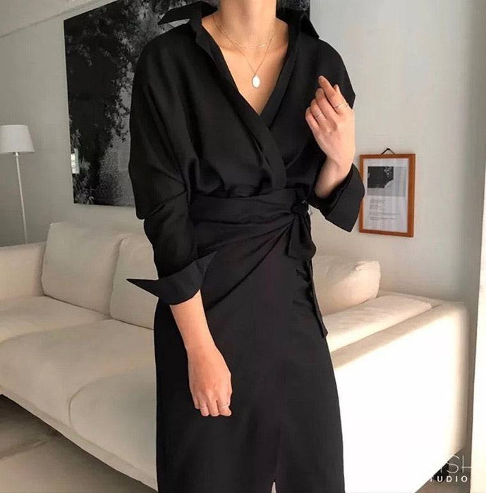 Midi Low Neck Wrap Dress - BEYAZURA.COM