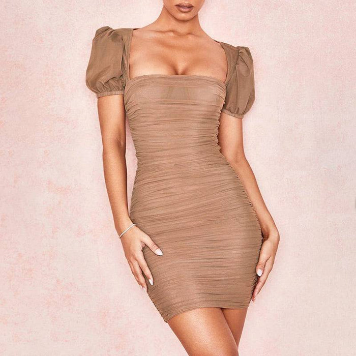 Mini Ruched Puff Sleeve Dress - BEYAZURA.COM