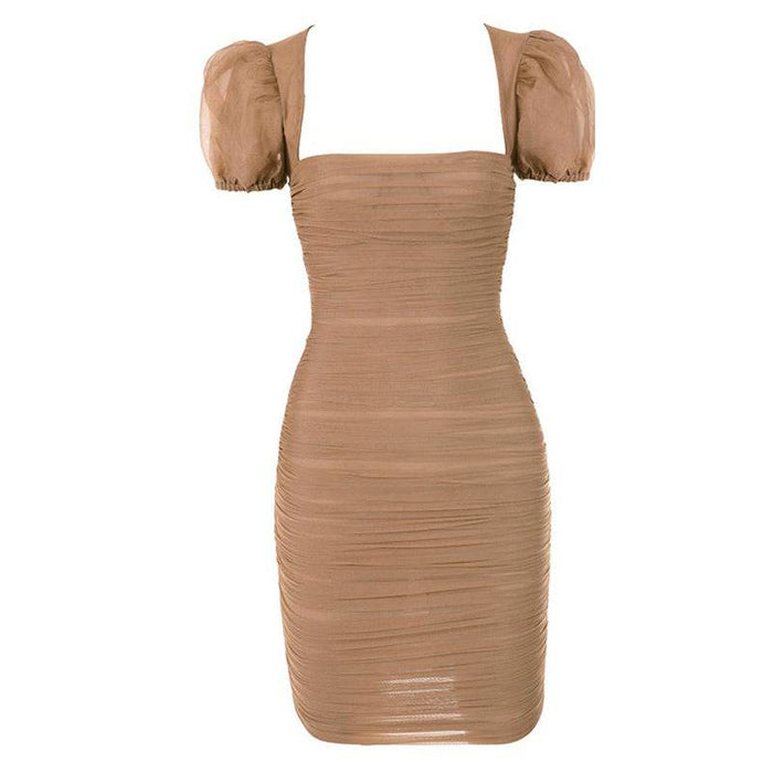 Mini Ruched Puff Sleeve Dress - BEYAZURA.COM