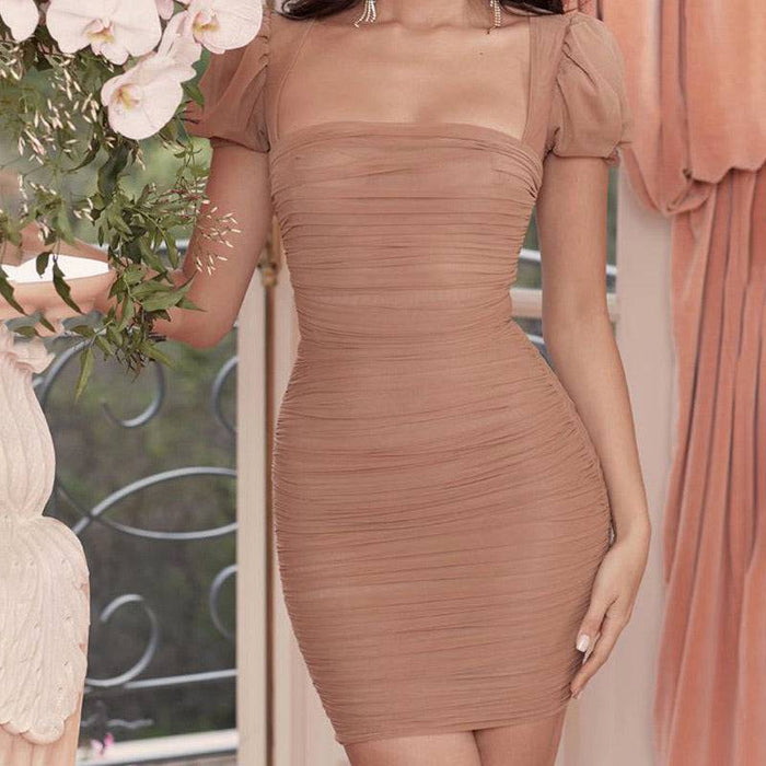 Mini Ruched Puff Sleeve Dress - BEYAZURA.COM