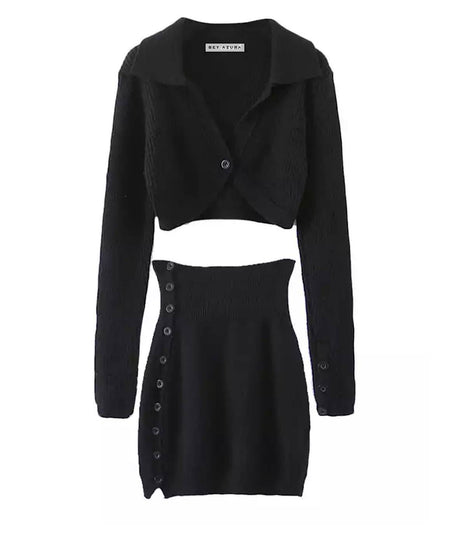 Mini Skirt And Cropped Shirt Knit Set In Black - BEYAZURA.COM