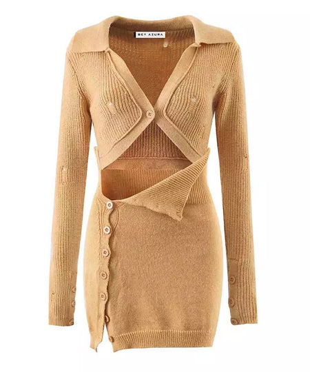 Mini Skirt And Cropped Shirt Knit Set In Brown - BEYAZURA.COM