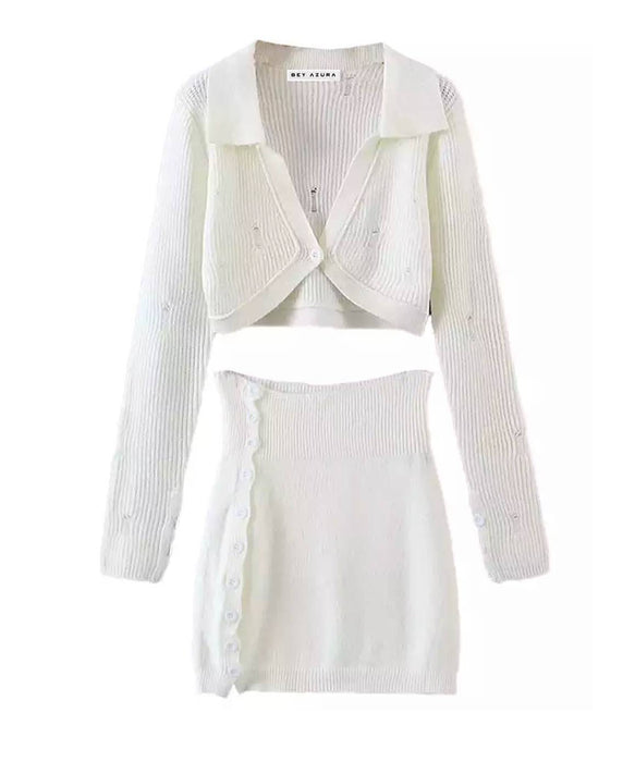 Mini Skirt And Cropped Shirt Knit Set In White - BEYAZURA.COM