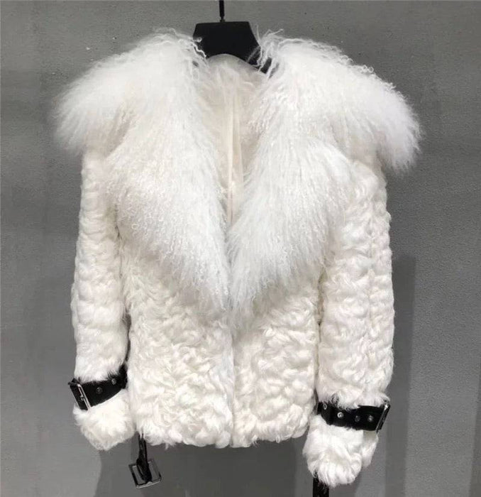 Mongalian Lamb Fur Sheepskin Leather Belted Coat - BEYAZURA.COM