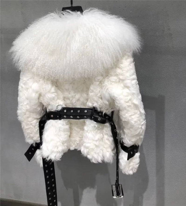 Mongalian Lamb Fur Sheepskin Leather Belted Coat - BEYAZURA.COM