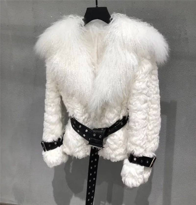 Mongalian Lamb Fur Sheepskin Leather Belted Coat - BEYAZURA.COM