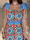Multi Color Print Bow Strap Dress - BEYAZURA.COM