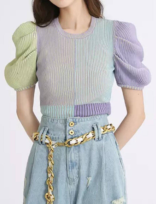 Multi Color Puff Short Sleeve Knit Top - BEYAZURA.COM