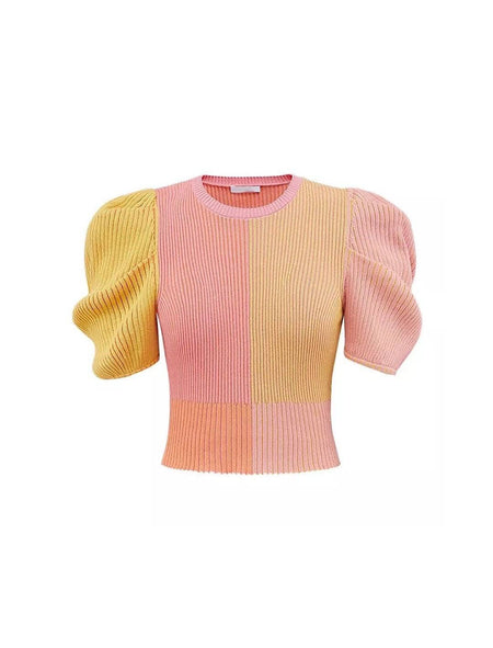 Multi Color Puff Short Sleeve Knit Top - BEYAZURA.COM
