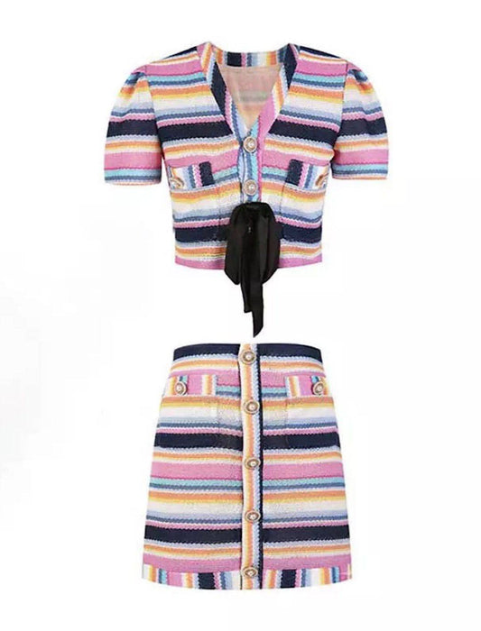 Multi Color Striped Jacket Skirt Knit Set - BEYAZURA.COM