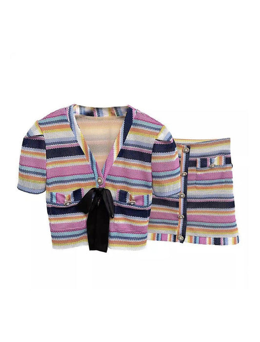 Multi Color Striped Jacket Skirt Knit Set - BEYAZURA.COM