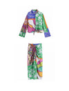 Multi Print Two Piece Shirt Skirt Satin Set - BEYAZURA.COM