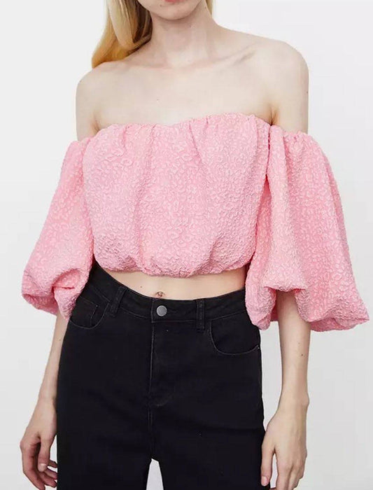 Off The Shoulder Puff Sleeve Cropped Top - BEYAZURA.COM