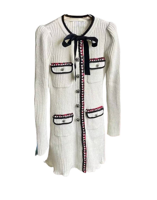 Off White Bow Collar Slim Knit Dress - BEYAZURA.COM