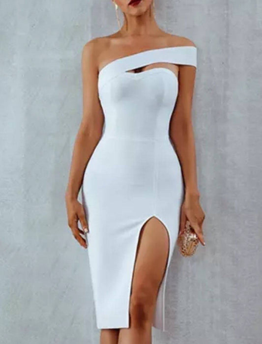 One Off The Shoulder Slit Bandage Dress - BEYAZURA.COM