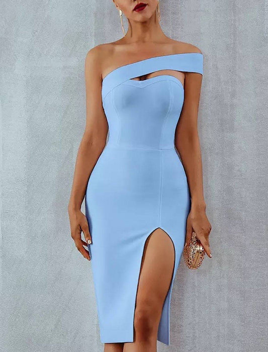 One Off The Shoulder Slit Bandage Dress - BEYAZURA.COM