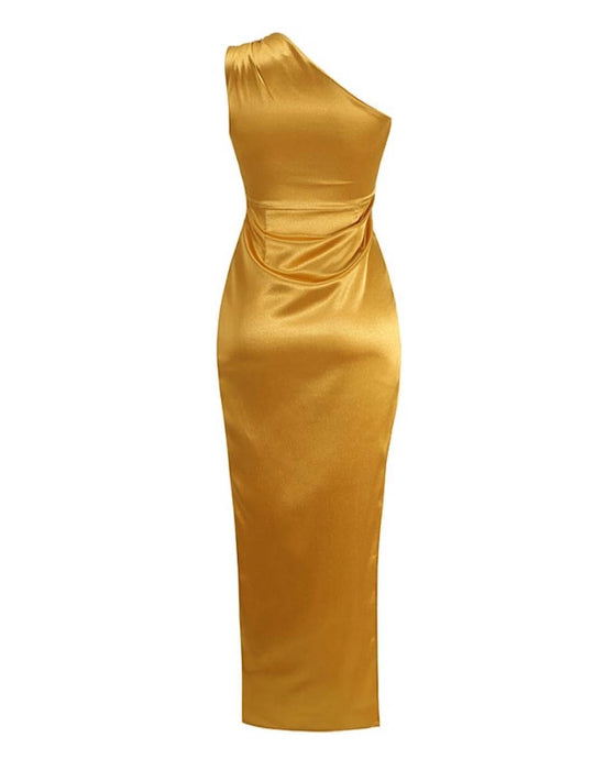 One Shoulder Draped Slitted Dress - BEYAZURA.COM