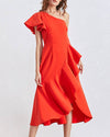 One Shoulder Ruffle Midi Dress - BEYAZURA.COM