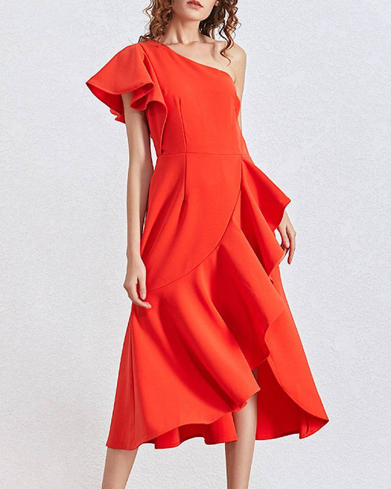 Long Sleeve One Shoulder Ruffle Midi Dresses