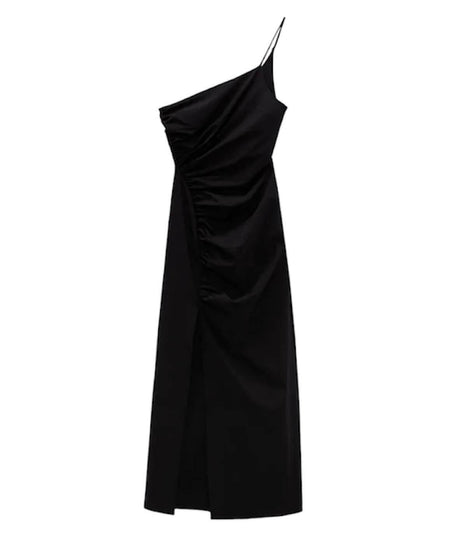 One Strap Ruched High Slit Dress In Black - BEYAZURA.COM