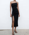 One Strap Ruched High Slit Dress In Black - BEYAZURA.COM