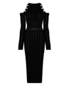 Open Shoulder Long Knit Dress in Black - BEYAZURA.COM