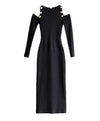 Open Shoulder Long Knit Dress in Black - BEYAZURA.COM