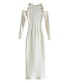 Open Shoulder Long Knit Dress in White - BEYAZURA.COM