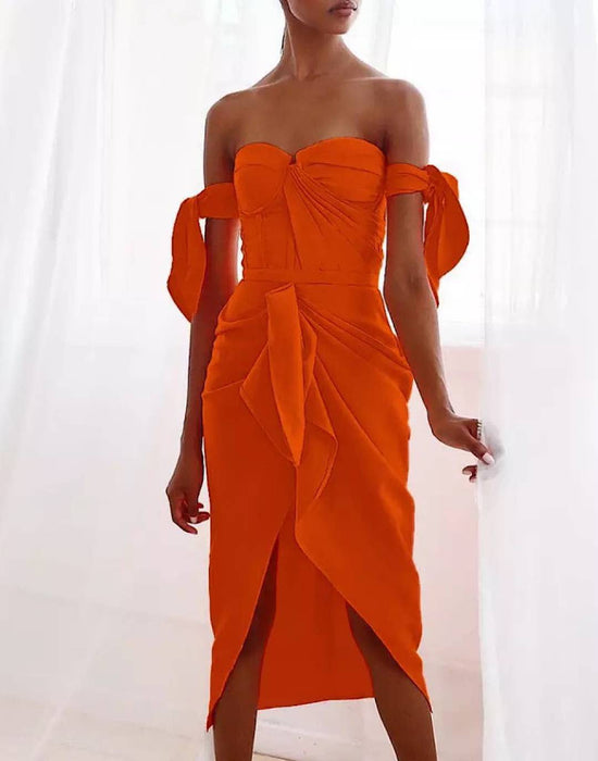 Orange Bodycon Draped Asymmetrical Dress - BEYAZURA.COM