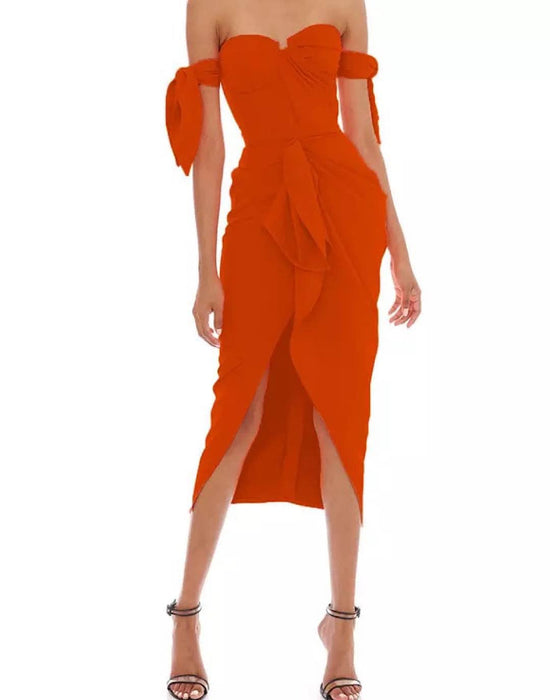 Orange Bodycon Draped Asymmetrical Dress - BEYAZURA.COM