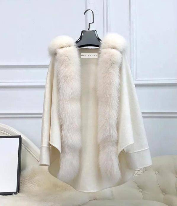 Oversized Australian Wool Fox Fur Trim Poncho - BEYAZURA.COM