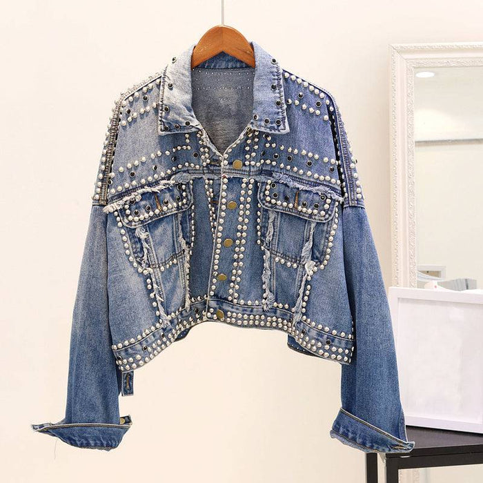 Oversized Denim Jacket With Studs - BEYAZURA.COM