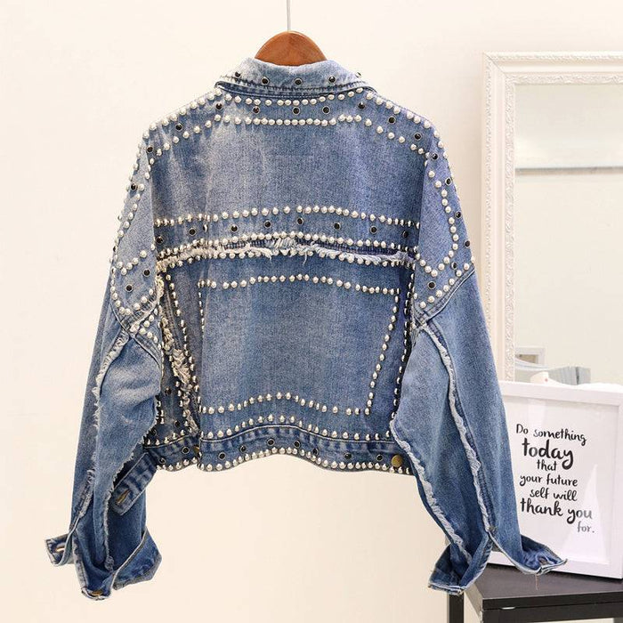 Oversized Denim Jacket With Studs - BEYAZURA.COM