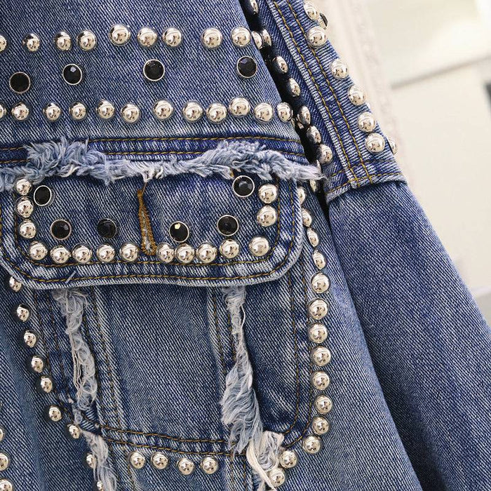 Oversized Denim Jacket With Studs - BEYAZURA.COM