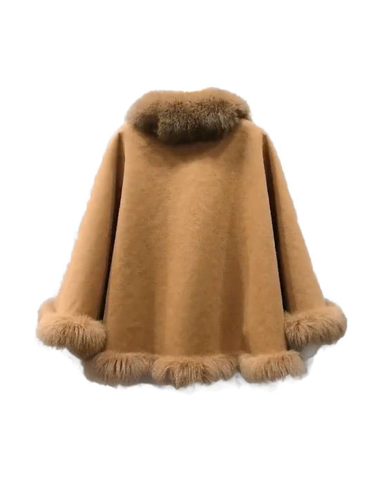 Oversized Wool Fox Fur Trim Poncho - BEYAZURA.COM
