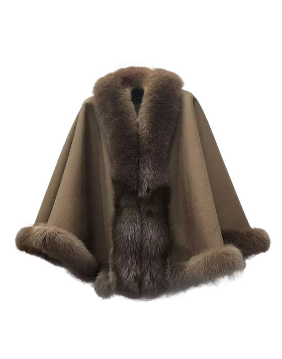 Oversized Wool Fox Fur Trim Poncho - BEYAZURA.COM