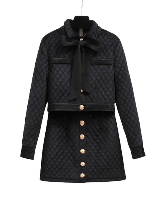 Padded Cotton Jacket Short Skirt Bow Tied Two Piece Set - BEYAZURA.COM