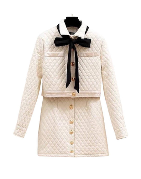 Padded Cotton Jacket Short Skirt Bow Tied Two Piece Set - BEYAZURA.COM