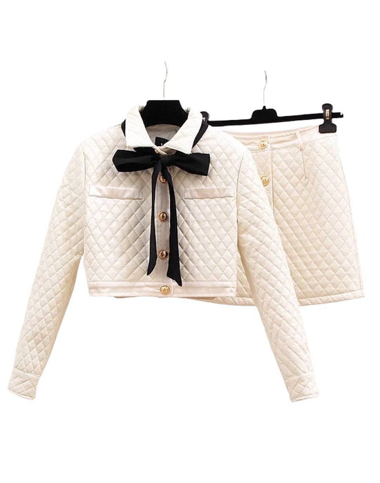 Padded Cotton Jacket Short Skirt Bow Tied Two Piece Set - BEYAZURA.COM