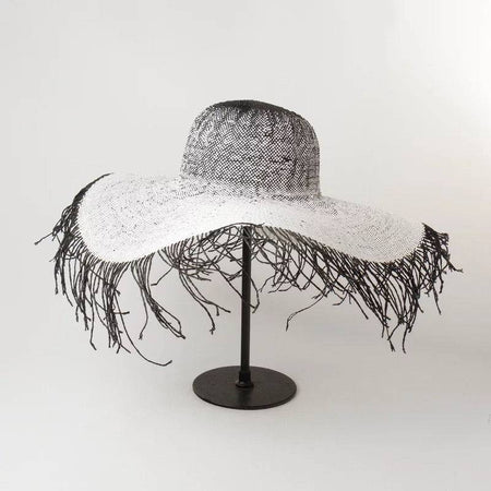 Paper Straw Long Fringe Edged Wide Bream Hat - BEYAZURA.COM