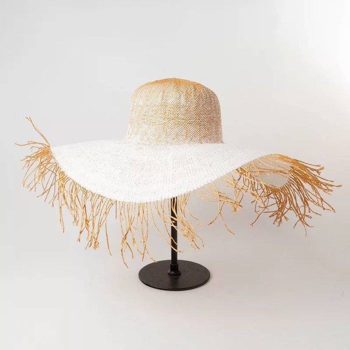 Paper Straw Long Fringe Edged Wide Bream Hat - BEYAZURA.COM