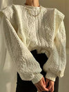 Patterned Scoop Neck Exaggerated Shoulder Sweater - BEYAZURA.COM