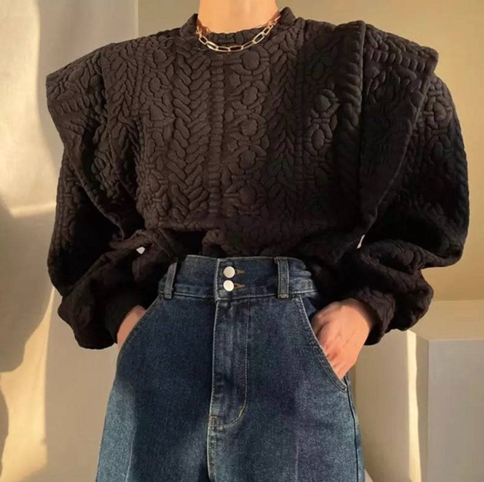 Patterned Scoop Neck Exaggerated Shoulder Sweater - BEYAZURA.COM