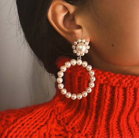 Pearl and Crystal Hoop Earrings - BEYAZURA.COM