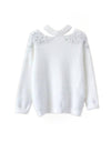 Pearl Shoulder Cut Out Fuzzy Sweater - BEYAZURA.COM